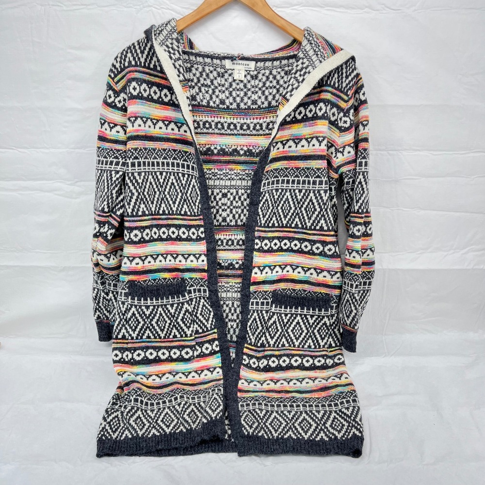 Monteau Los Angeles Womens Small‎ Hooded Cardigan Geometric Fair Isle Rainbow